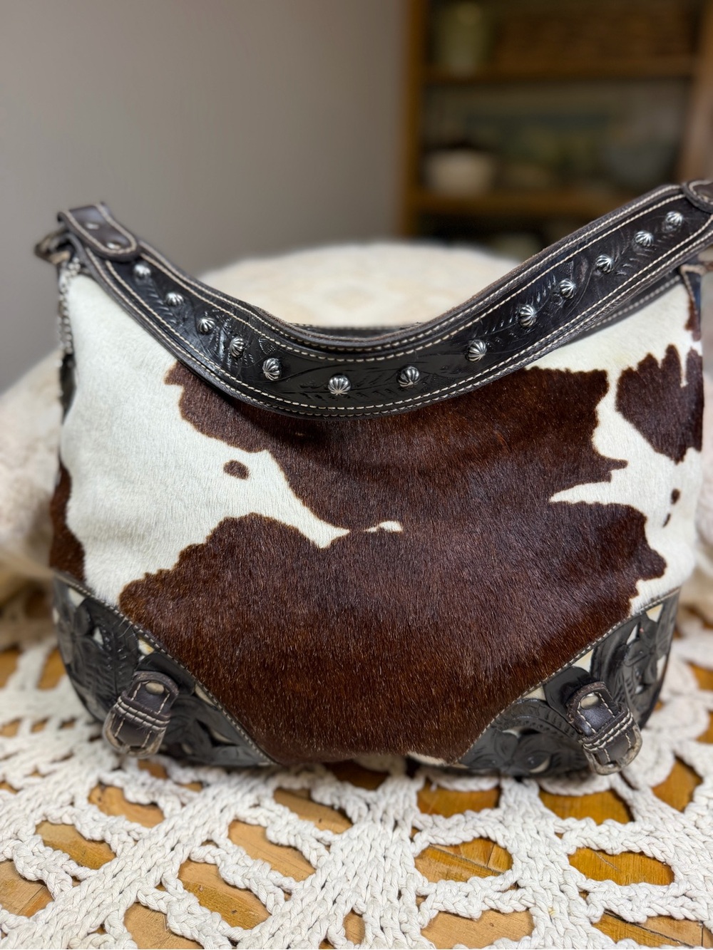 American West Genuine Cowhide Leather Hobo Bag Hair On Hide Western Purse